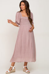 Taupe Smocked Ruffle Accent Maternity Midi Dress