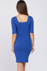 Royal Blue Ribbed Square Neck Puff Short Sleeve Maternity Dress