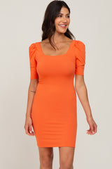 Orange Ribbed Square Neck Puff Short Sleeve Maternity Dress