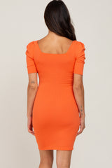 Orange Ribbed Square Neck Puff Short Sleeve Dress