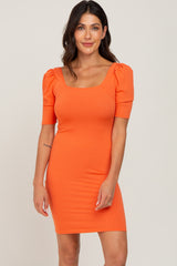 Orange Ribbed Square Neck Puff Short Sleeve Dress