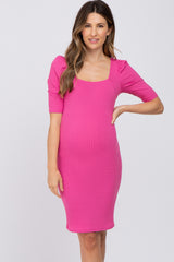 Fuchsia Ribbed Square Neck Puff Short Sleeve Maternity Dress