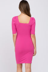 Fuchsia Ribbed Square Neck Puff Short Sleeve Maternity Dress