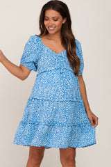 Blue Leopard Print Front Tie Ruffle Tiered Maternity Dress