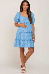 Blue Leopard Print Front Tie Ruffle Tiered Maternity Dress