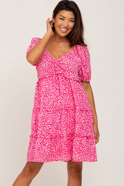 Fuchsia Leopard Print Front Tie Ruffle Tiered Dress