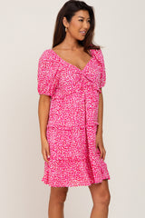 Fuchsia Leopard Print Front Tie Ruffle Tiered Dress