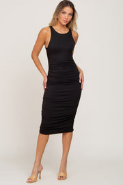 Black Ruched Fitted Midi Dress