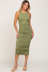 Olive Ruched Fitted Midi Dress