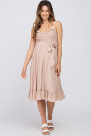 Taupe Ruffle Smocked Maternity Dress