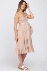 Taupe Ruffle Smocked Maternity Dress