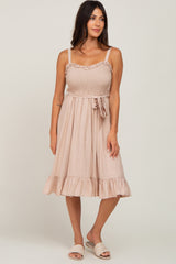 Taupe Ruffle Smocked Maternity Dress