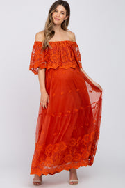 Rust Overlay Off Shoulder Maternity Maxi Dress