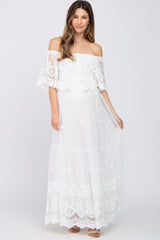 Ivory Overlay Off Shoulder Maternity Maxi Dress