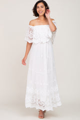 Ivory Overlay Off Shoulder Maternity Maxi Dress