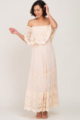 Beige Overlay Off Shoulder Maxi Dress