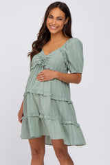 Light Olive Plaid Ruffle Tier Maternity Dress