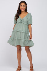 Light Olive Plaid Ruffle Tier Maternity Dress