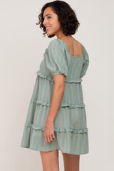 Light Olive Plaid Ruffle Tier Dress