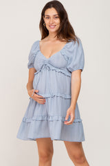 Light Blue Plaid Ruffle Tier Maternity Dress