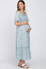 Light Blue Floral Square Neck Smocked Button Front Maternity Midi Dress