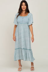 Light Blue Floral Square Neck Smocked Button Front Maternity Midi Dress