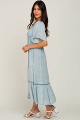 Light Blue Floral Square Neck Smocked Button Front Midi Dress