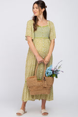 Light Olive Floral Square Neck Smocked Button Front Maternity Midi Dress