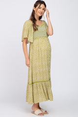 Light Olive Floral Square Neck Smocked Button Front Maternity Midi Dress