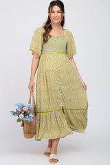 Light Olive Floral Square Neck Smocked Button Front Maternity Midi Dress