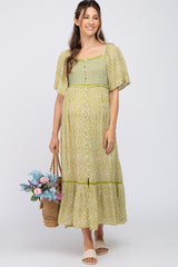 Light Olive Floral Square Neck Smocked Button Front Maternity Midi Dress