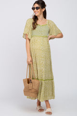 Light Olive Floral Square Neck Smocked Button Front Maternity Midi Dress