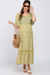 Light Olive Floral Square Neck Smocked Button Front Maternity Midi Dress