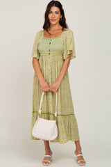 Light Olive Floral Square Neck Smocked Button Front Maternity Midi Dress