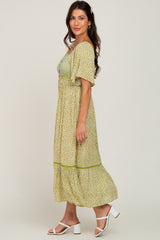 Light Olive Floral Square Neck Smocked Button Front Midi Dress