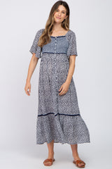 Navy Blue Floral Square Neck Smocked Button Front Maternity Midi Dress