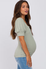 Sage Knit Puff Sleeve Maternity Top