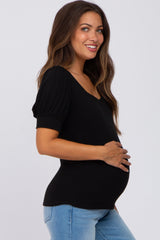 Black Knit Puff Sleeve Maternity Top