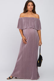 Dark Mauve Ruffle Off Shoulder Maternity Maxi Dress