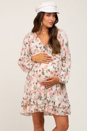 Cream Floral Ruffle Hem Maternity Mini Dress