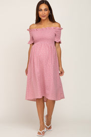 Pink Polka Dot Smocked Maternity Midi Dress