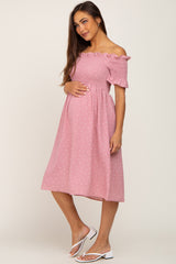 Pink Polka Dot Smocked Maternity Midi Dress