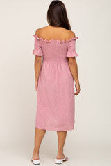 Pink Polka Dot Smocked Maternity Midi Dress