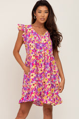 Fuchsia Multi-Color Floral Ruffle Accent Maternity Dress