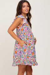 Blue Multi-Color Floral Ruffle Accent Maternity Dress