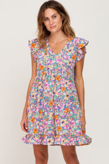 Blue Multi-Color Floral Ruffle Accent Dress