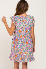 Blue Multi-Color Floral Ruffle Accent Dress