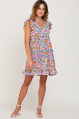 Blue Multi-Color Floral Ruffle Accent Dress