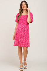 Fuchsia Floral Square Neck Smocked Maternity Dress