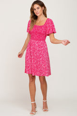 Fuchsia Floral Square Neck Smocked Dress